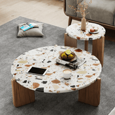 Round Nordic-inspired terrazzo coffee table with quality wooden legs, perfect for modern living rooms